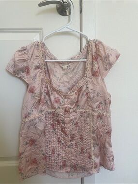 (Never Worn) Lucky Brand Pink Floral Pintuck Short-Sleeve Blouse
